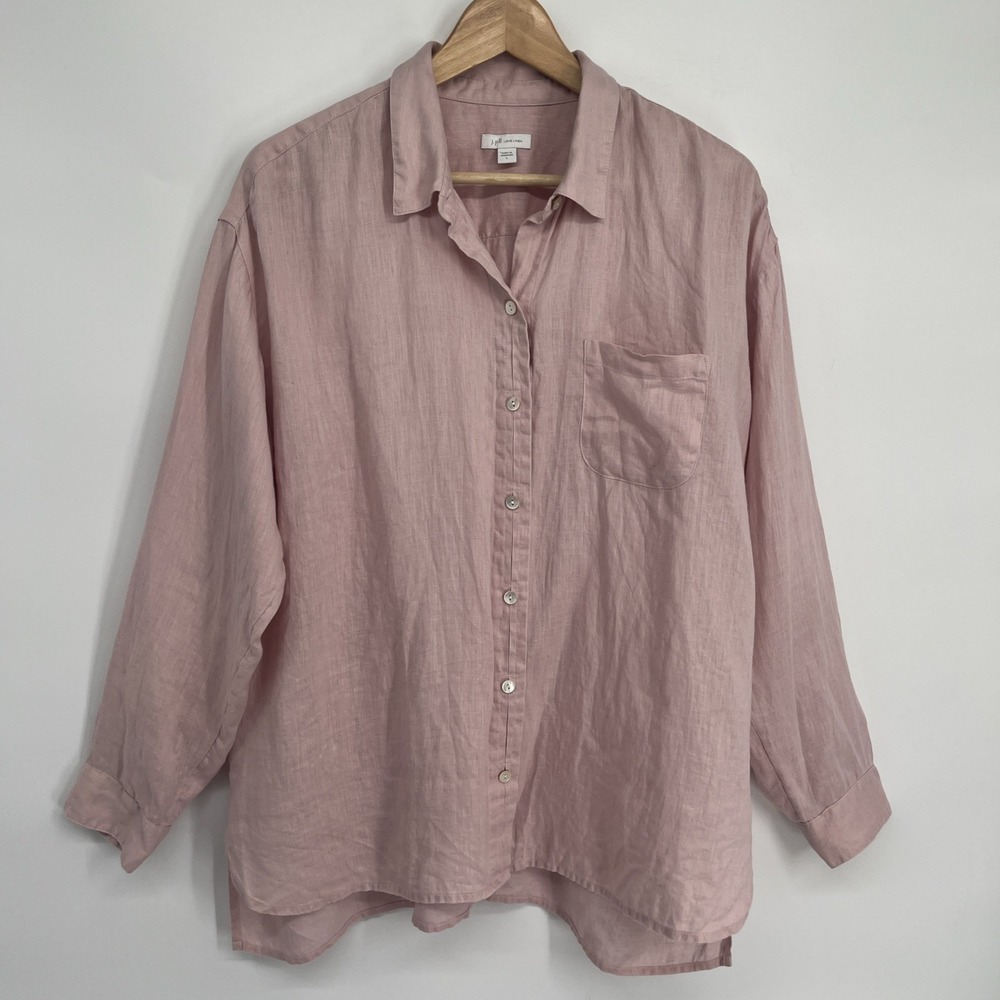 J.Jill Love Linen Shirt Pink Long Sleeves Sz L Beachy Coastal Effortless Resort